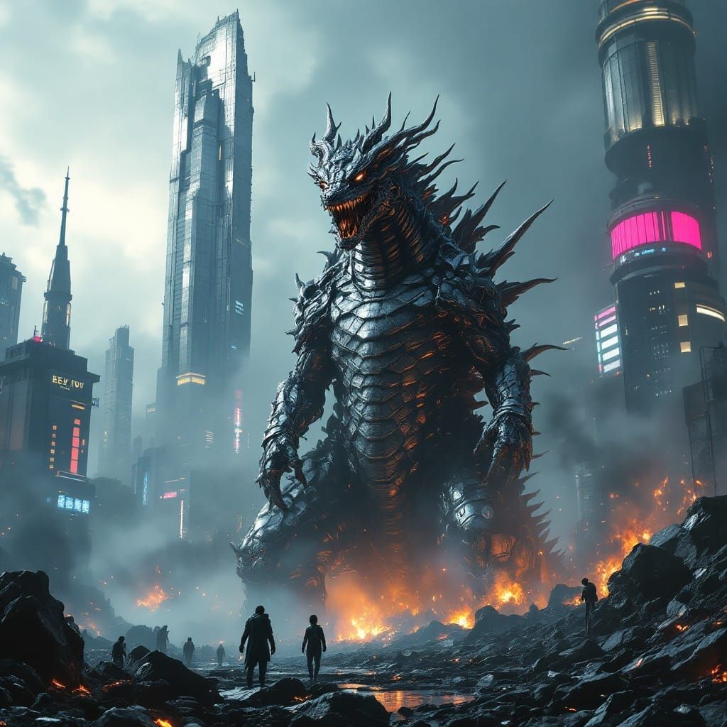 Cyberpunk Behemoth King Ghidorah Ascends