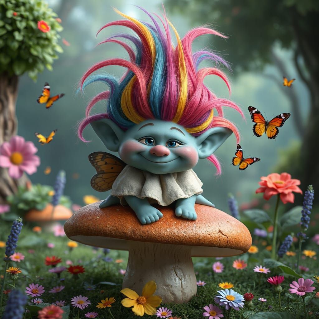 Rainbow Troll on Mushroom in Whimsical Forest