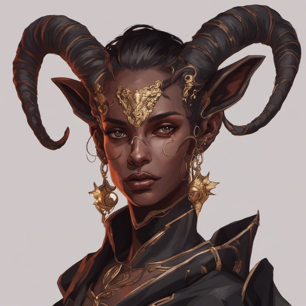 Dark Red Tiefling with Black Horns and Gold Accents in Dark....