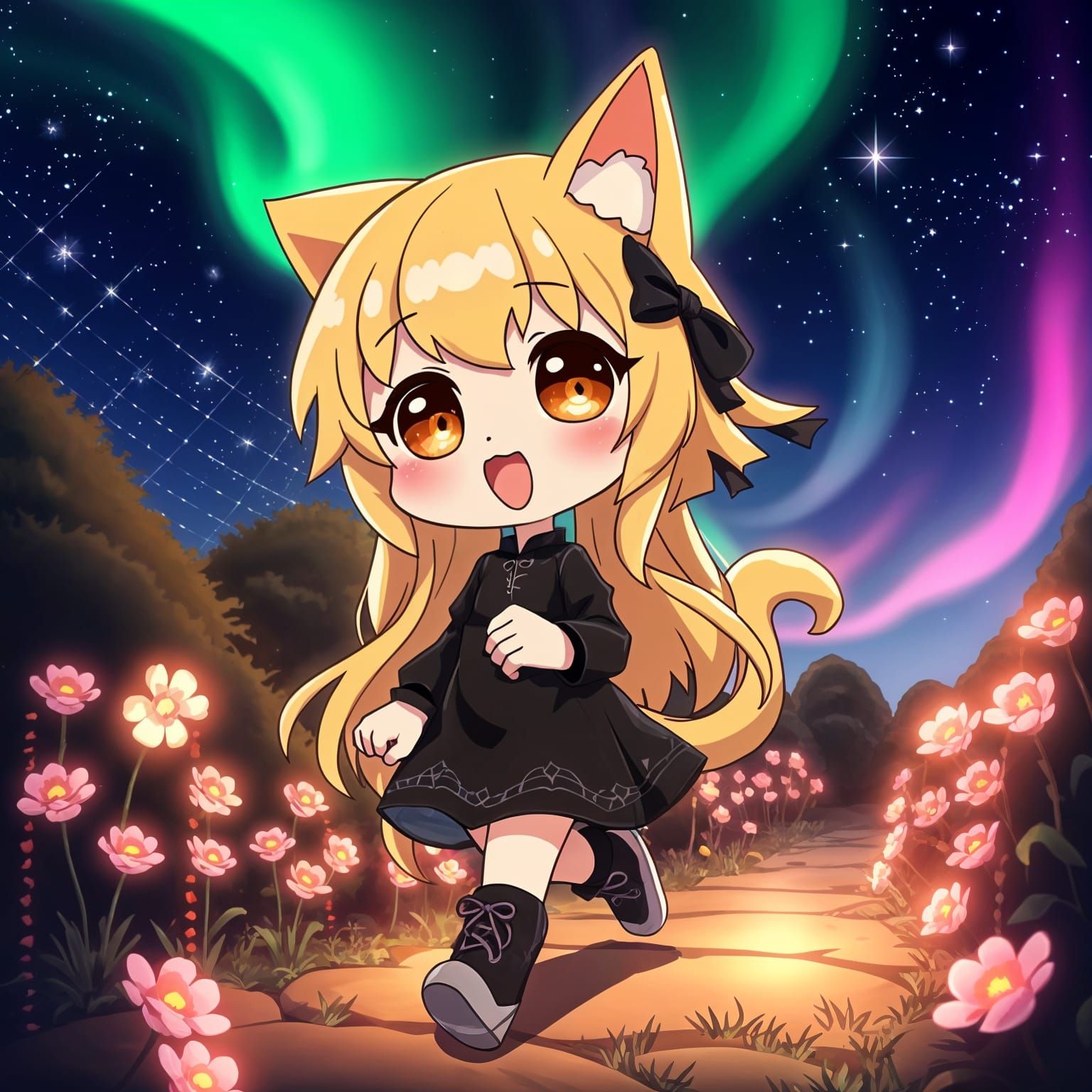 Whimsical Anime Catgirl Strolls in a Mystical Garden
