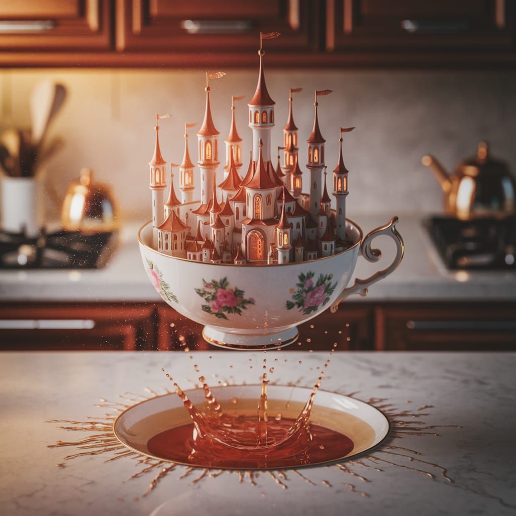 Enchanted City Floating in Teacup: Dreamlike Photograph