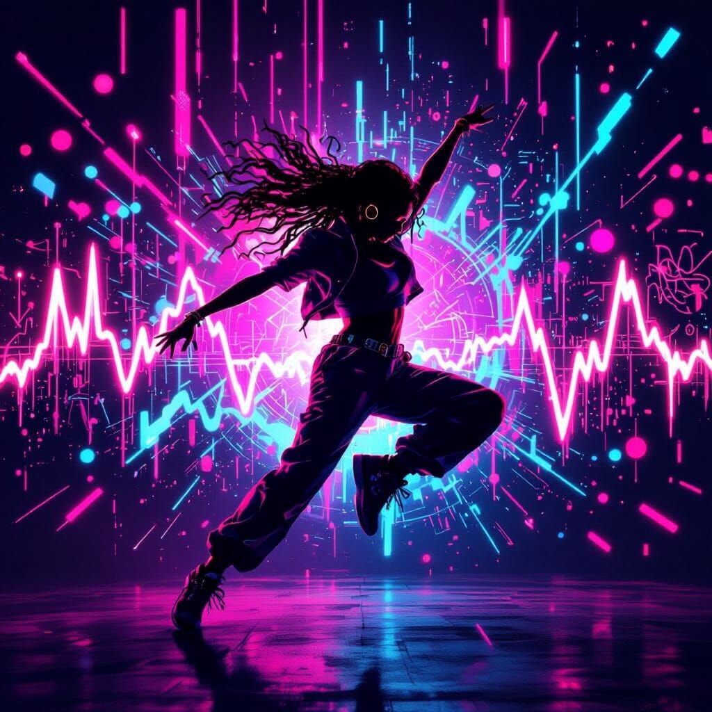 Dynamic Hip Hop Dancer in Neon Urban Scene