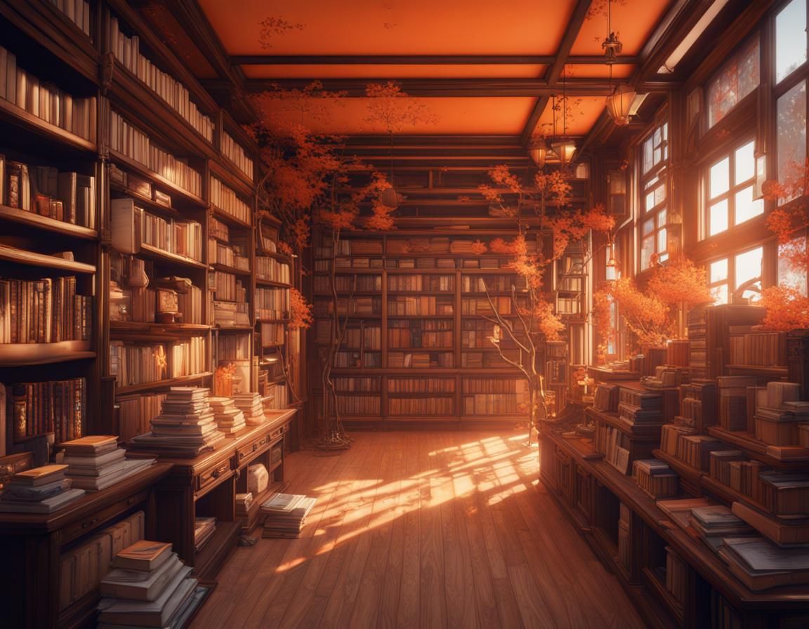 Exquisite Japanese Bookstore in Vibrant Orange Hues