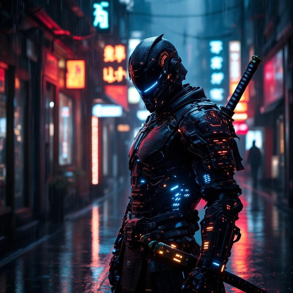 Cyberpunk Samurai in Neon Alley with Futuristic Armor