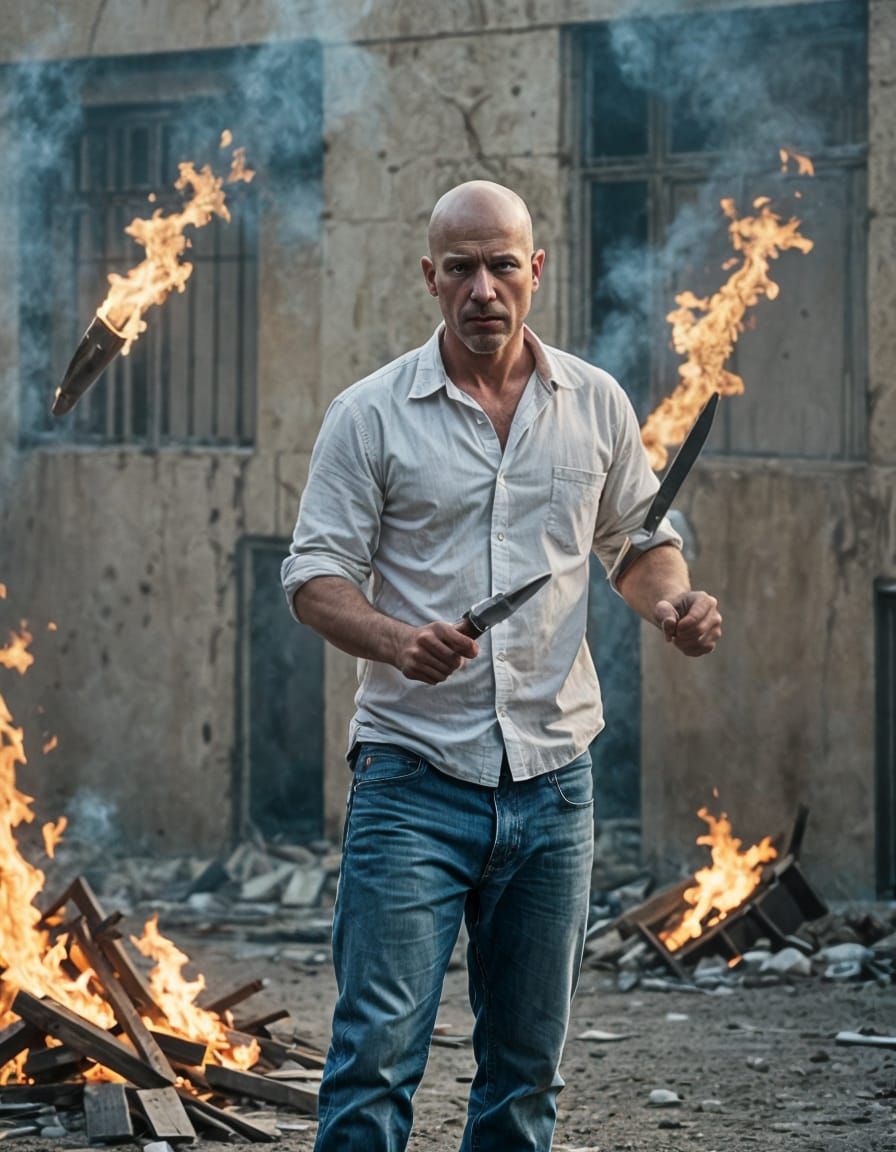 Dramatic Prison Riot Scene with Man Holding Knife