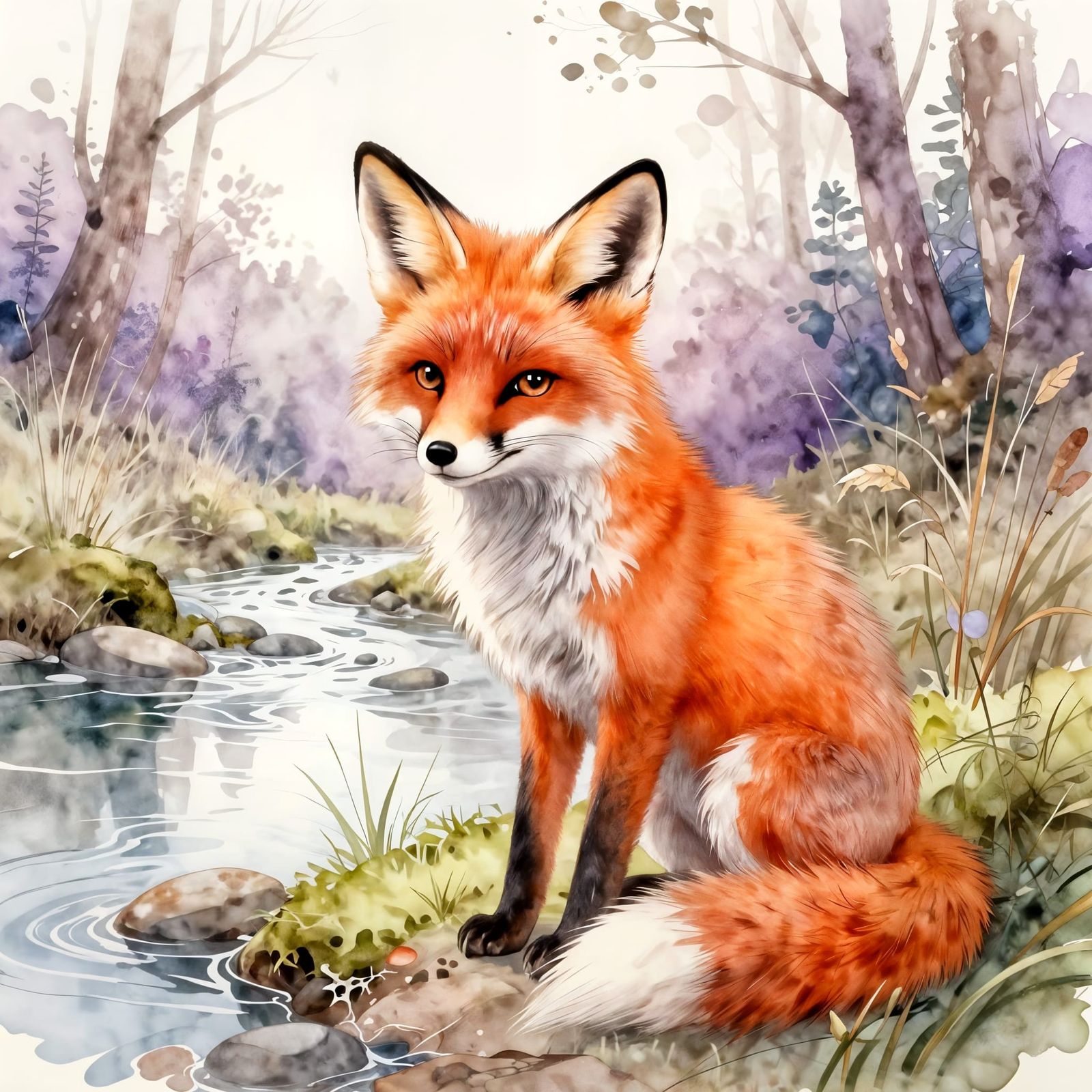 Watercolor Fox Spirit in Enchanted Forest Clearing