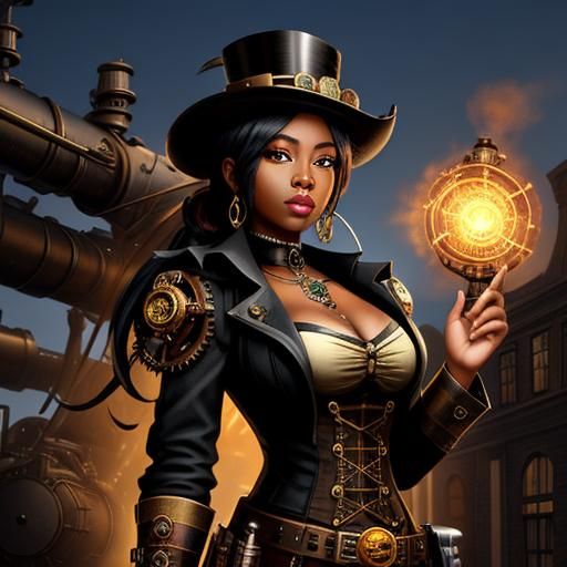 Aurora in Brass and Velvet: Elegant Black Steampunk Visionar...