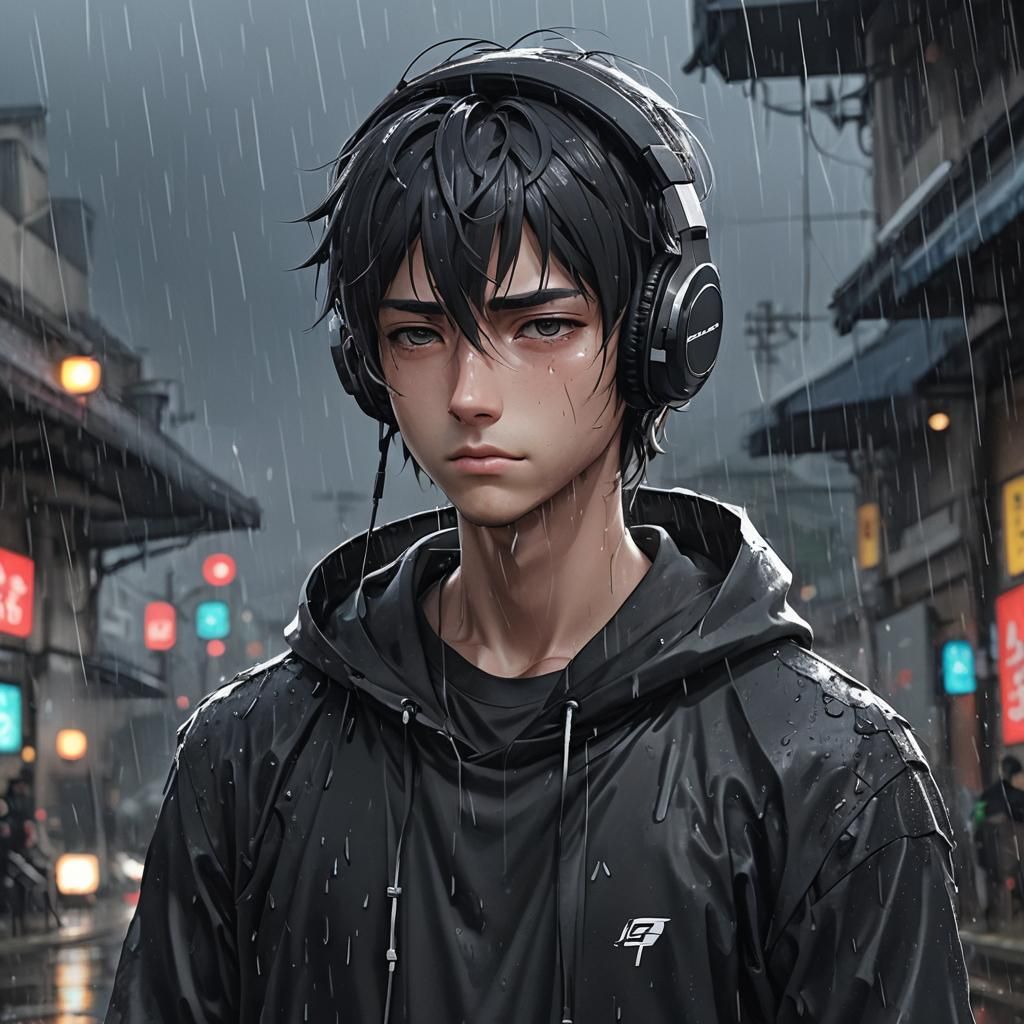 Mysterious Anime Youth in Rainy Night