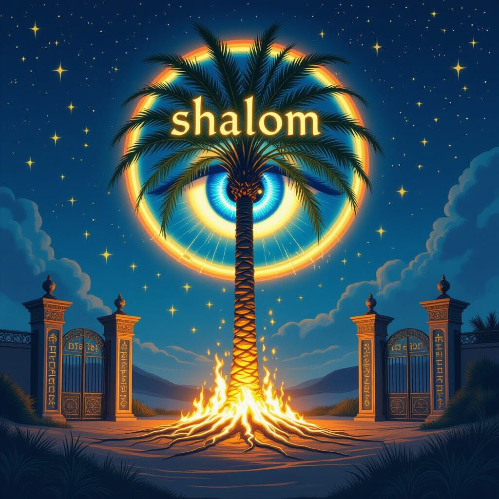 Radiant Palm Tree with Hebrew Script Roots