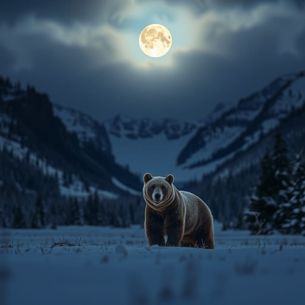 Grizzly Bear in Snowy Valley Under Moonlight