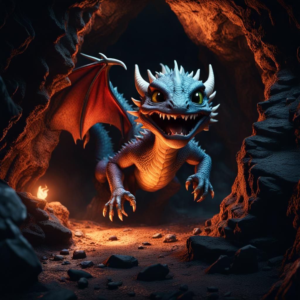 Epic Cave Escape: Baby Dragon Flees from Enchanted Darkness