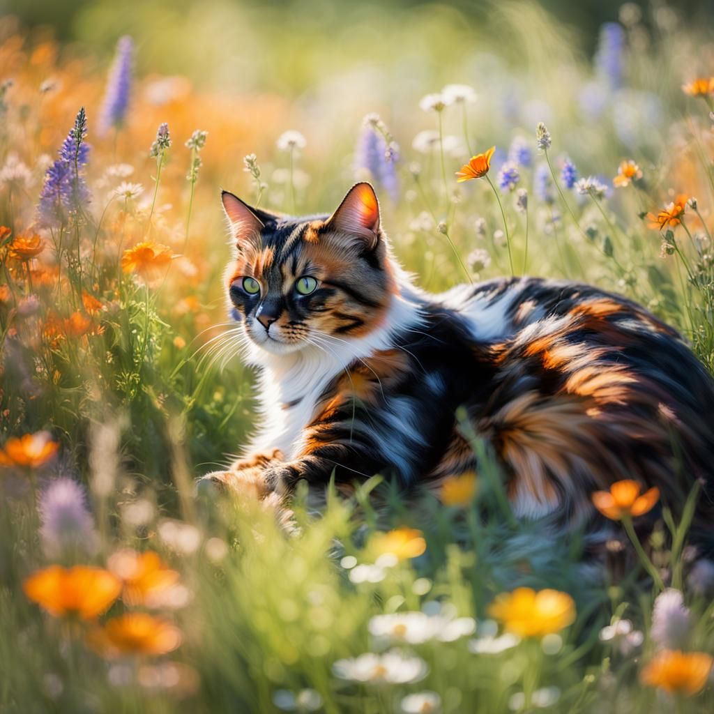 Impressionist Cat in a Vibrant Wildflower Meadow