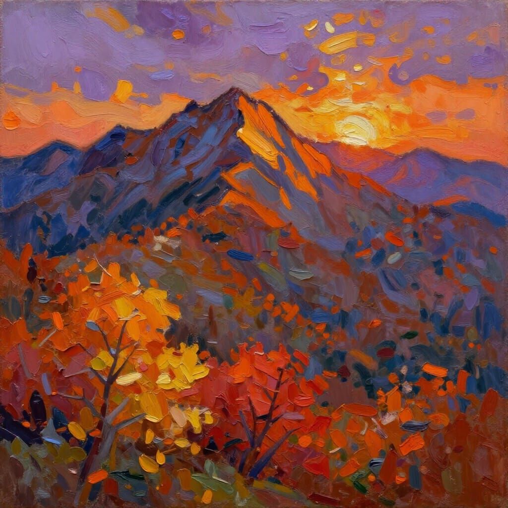 Autumn Mountain Sunset Landscape in Impasto Oil Style