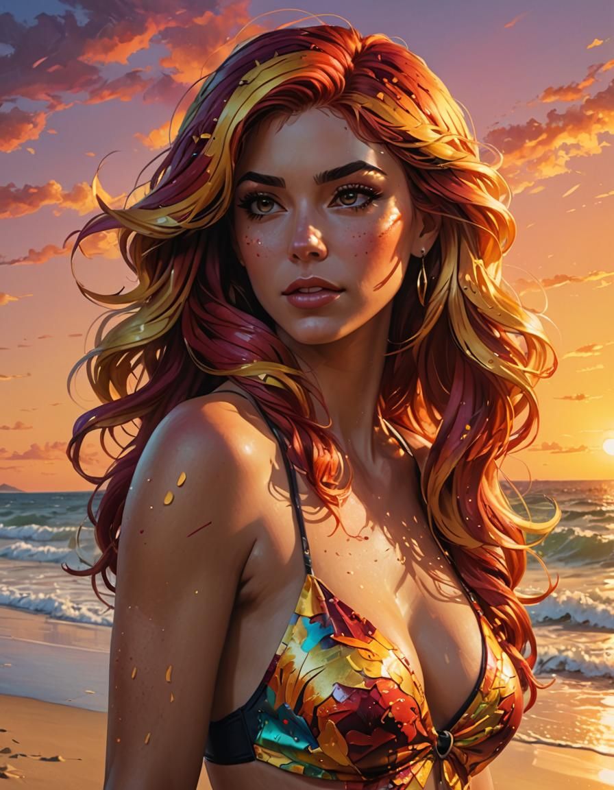 Hyperrealistic Sunset Goddess in Swimsuit, Intricately Detai...
