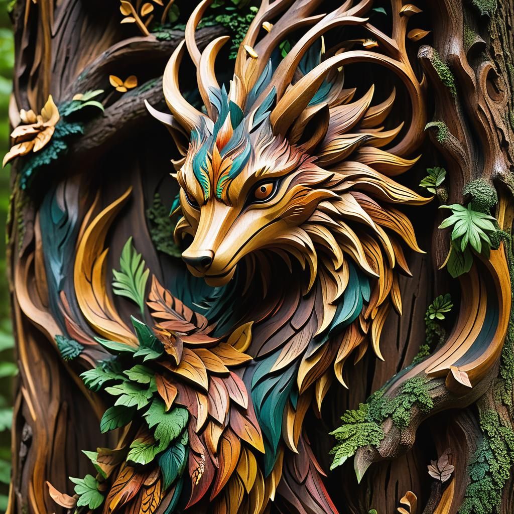 Vibrant Wood Carving of Mystical Creature in Sacred Forest