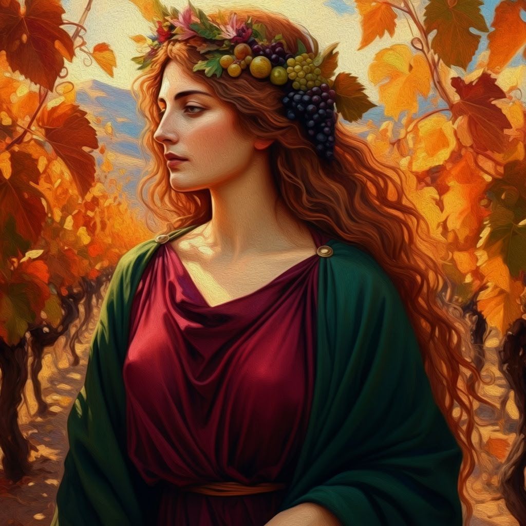 Greek Woman in Autumn Vineyard, in Neo-Impressionist Style