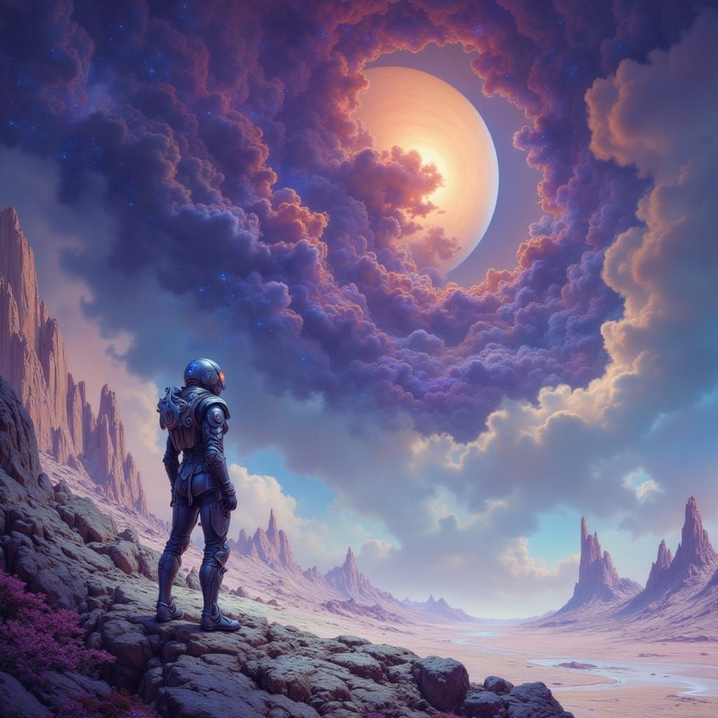 Space Explorer Gazing at Ringed Planet