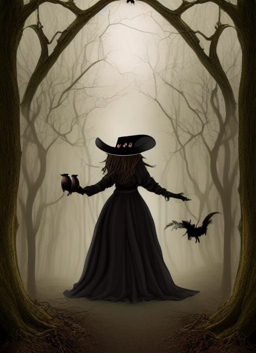 Gothic Witch in Enchanted Forest Moonscape