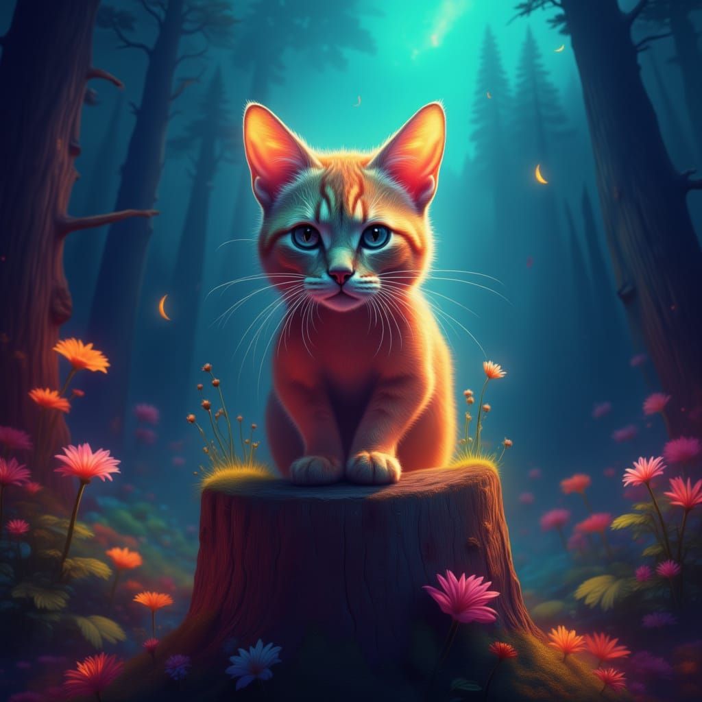 <lora:Vivid Dreams:1.0> A brightly lit cat standing on a tree stump