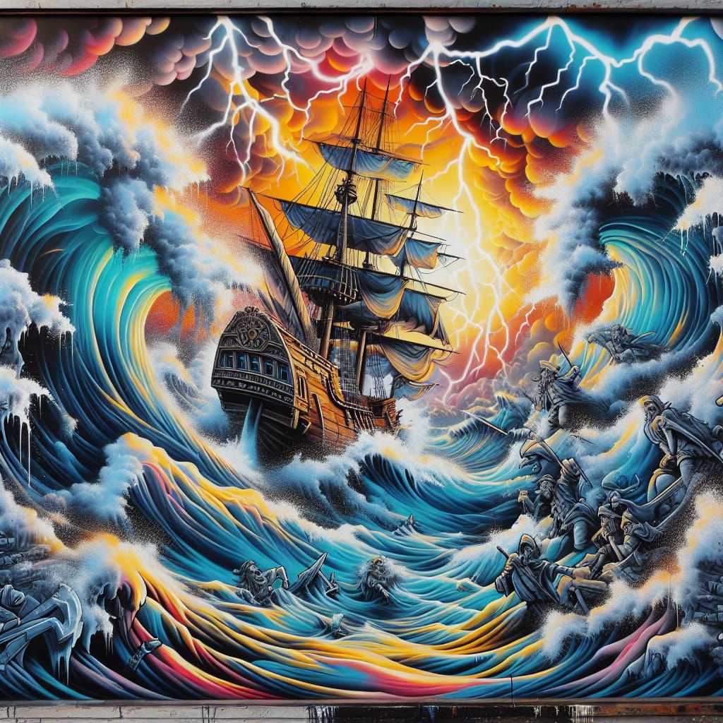 Vibrant Pirate Ship Battles Turbulent Stormy Weather in Urba...