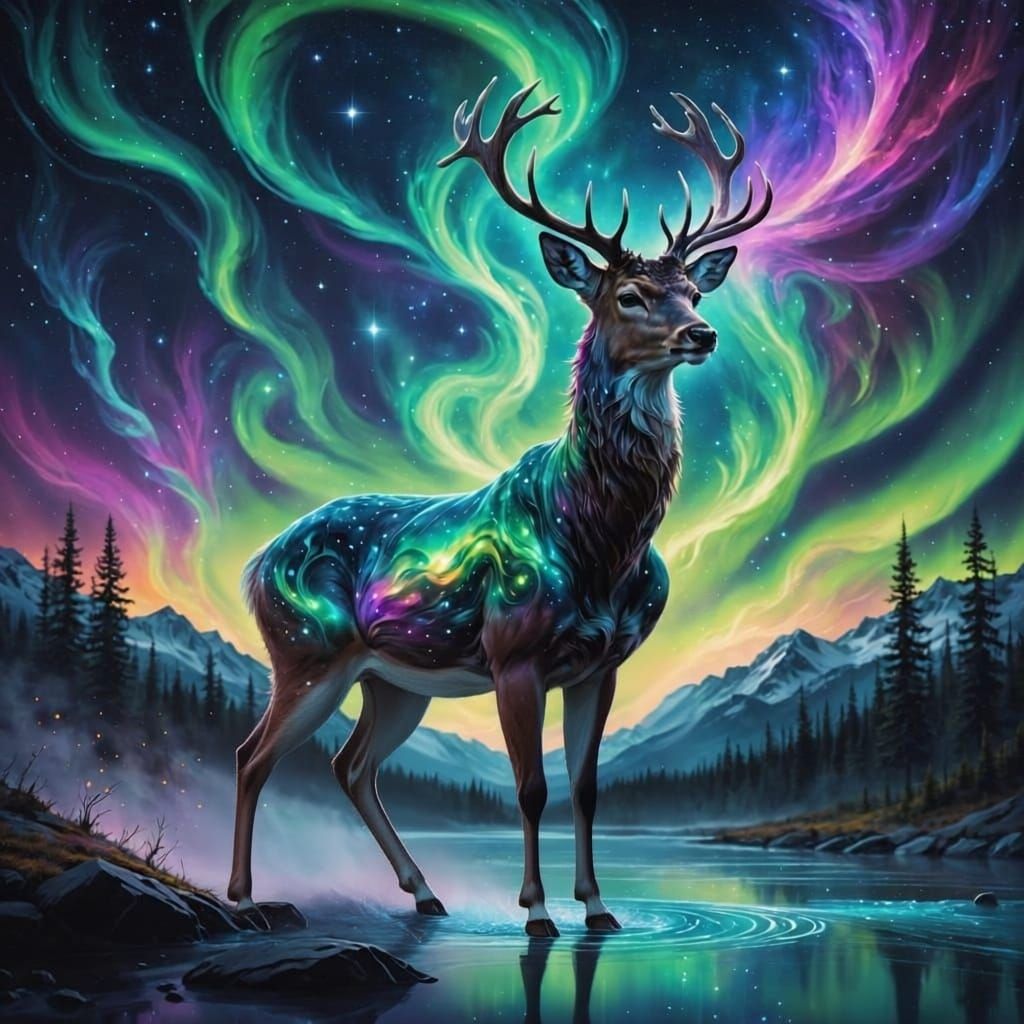 Celestial Deer Galloping Through Cosmic River