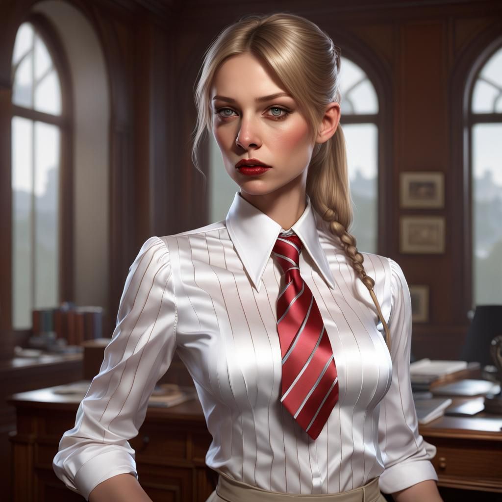 Submissive Secretary in Elegant Satin Attire