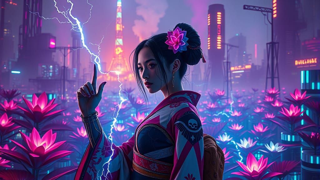 Cybernetic Geisha Illuminates Neon Oasis