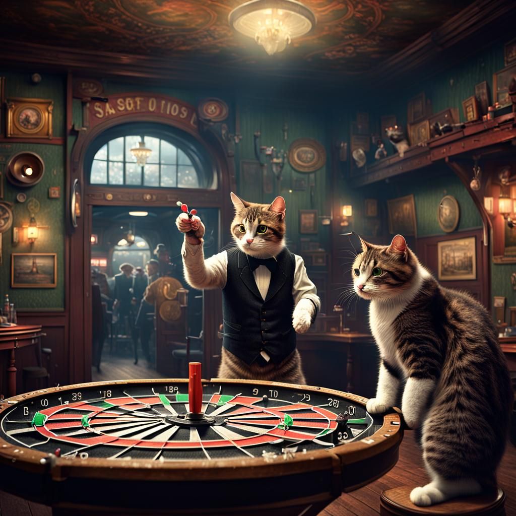 Two cats playing darts in an old-time saloon