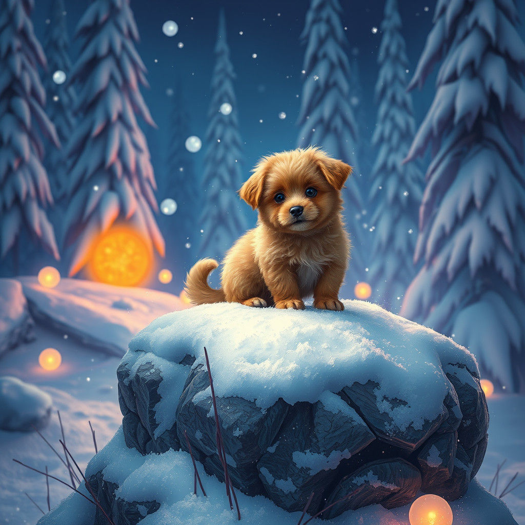 Golden Dog Surrounded by Enchanted Snowflakes in a Dreamlike...