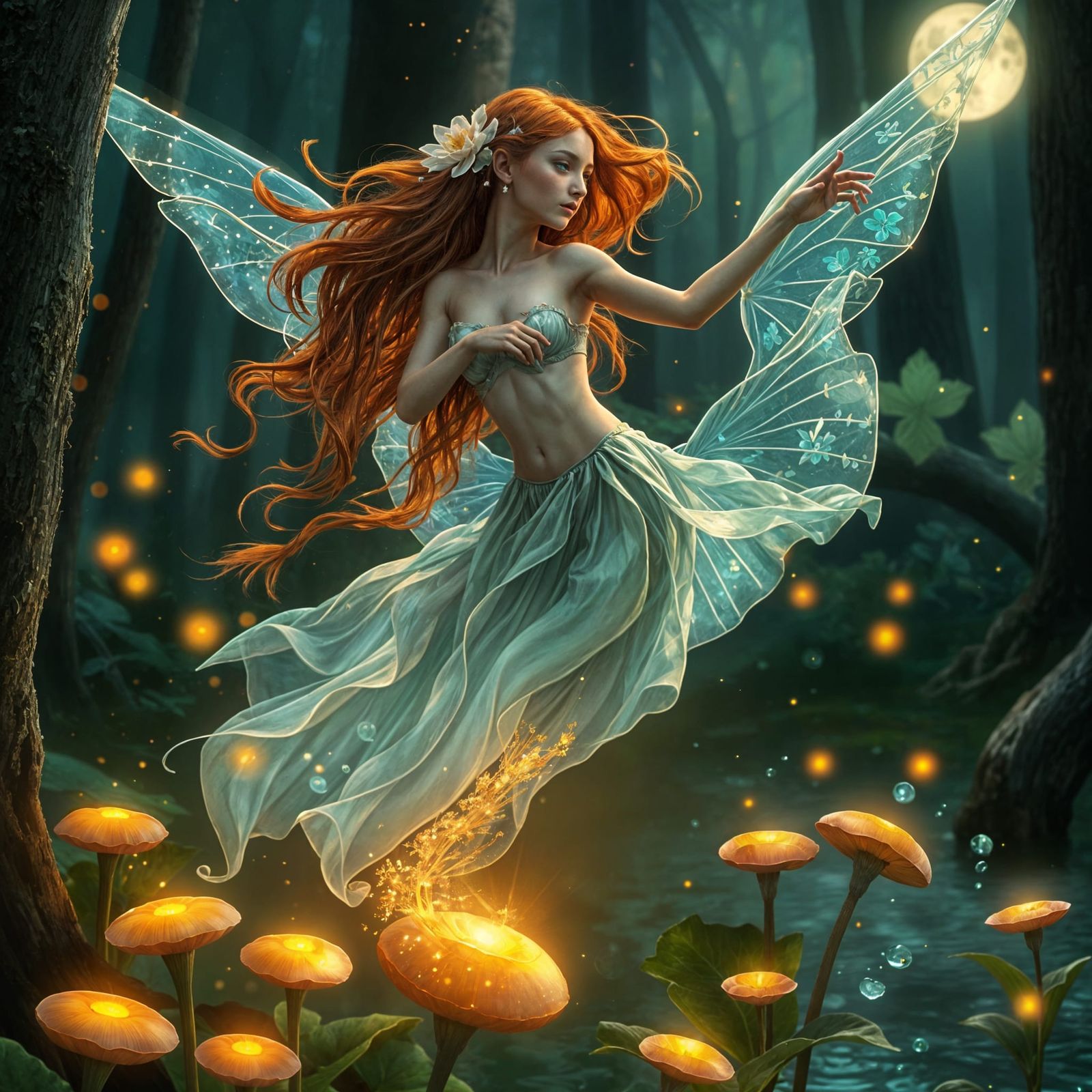 Ethereal Water Sprite in Moonlit Forest, Art Nouveau