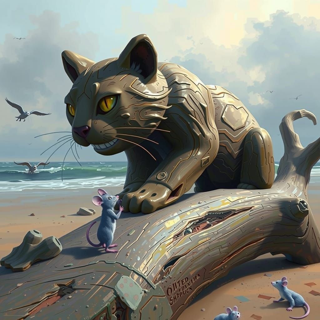 Cartoon Mice Carve Wooden Cat, Impressionist Beach Scene