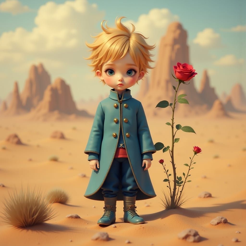 Charming Boy in Desert Landscape with Red Rose
