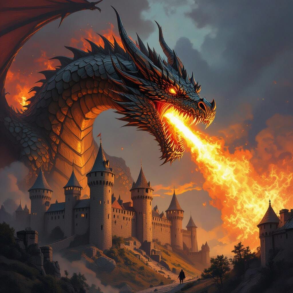 Bronze Dragon Engulfs Castle in Flames
