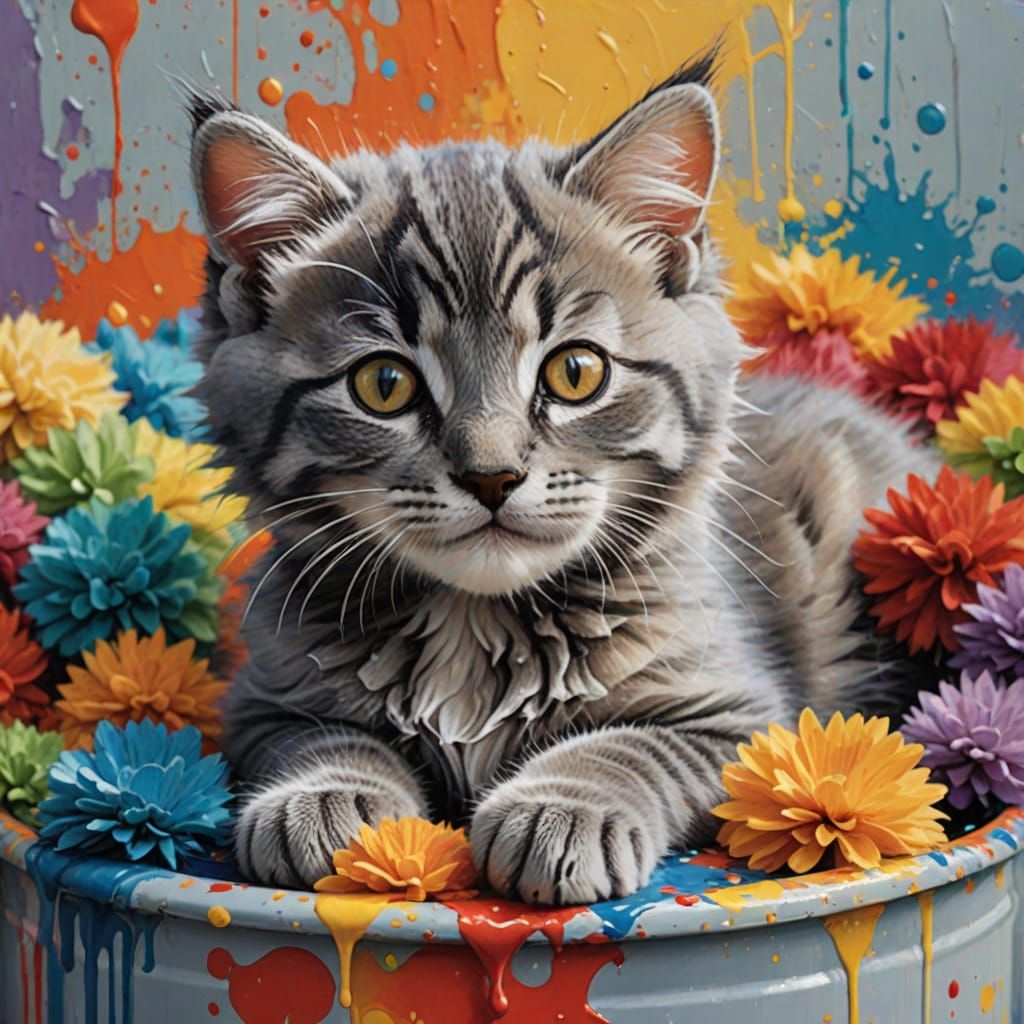 Playful Kitten Sleeps in Vibrant Paint Splashes