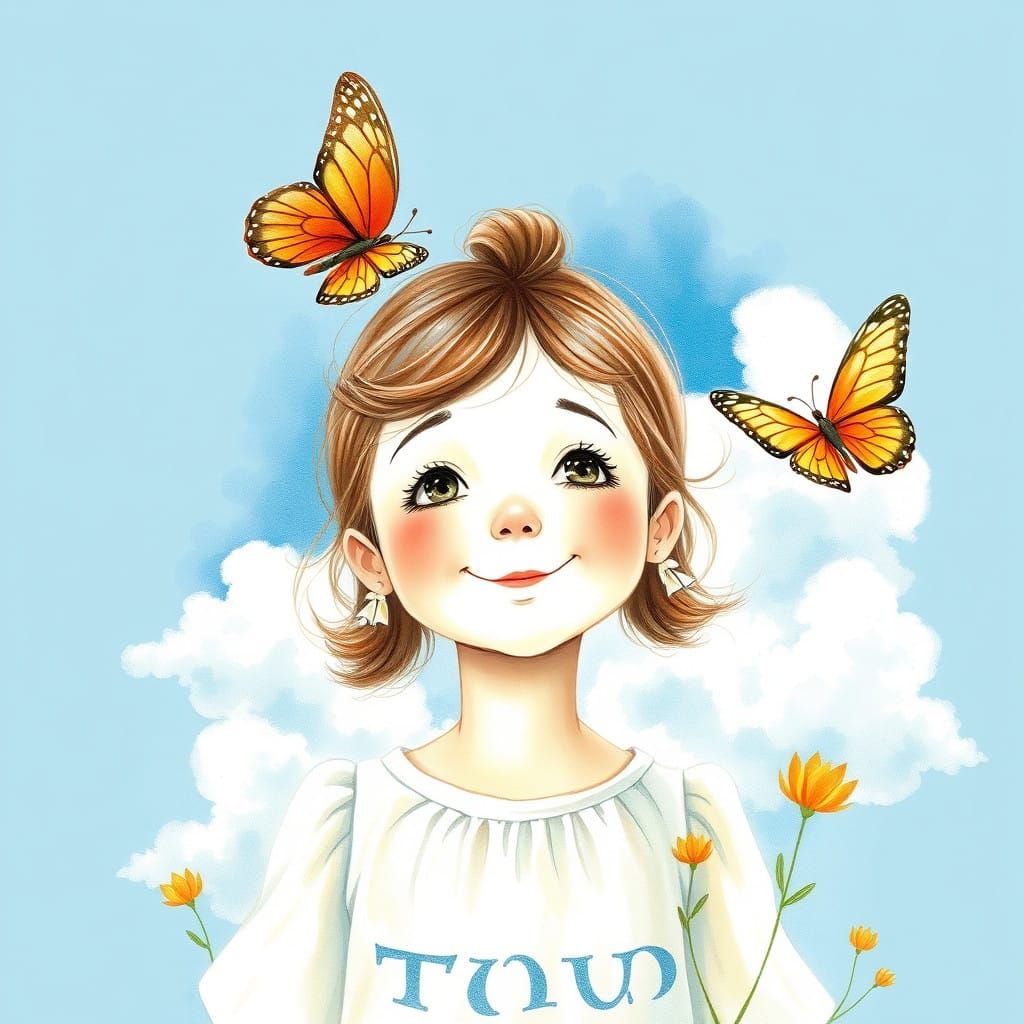 Whimsical Girl Surrounded by a Butterfly in a Blue Sky