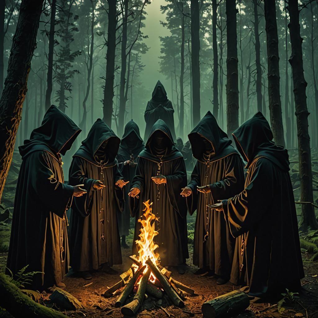 Gothic Hooded Figures Unite in Ancient Forest Ritual