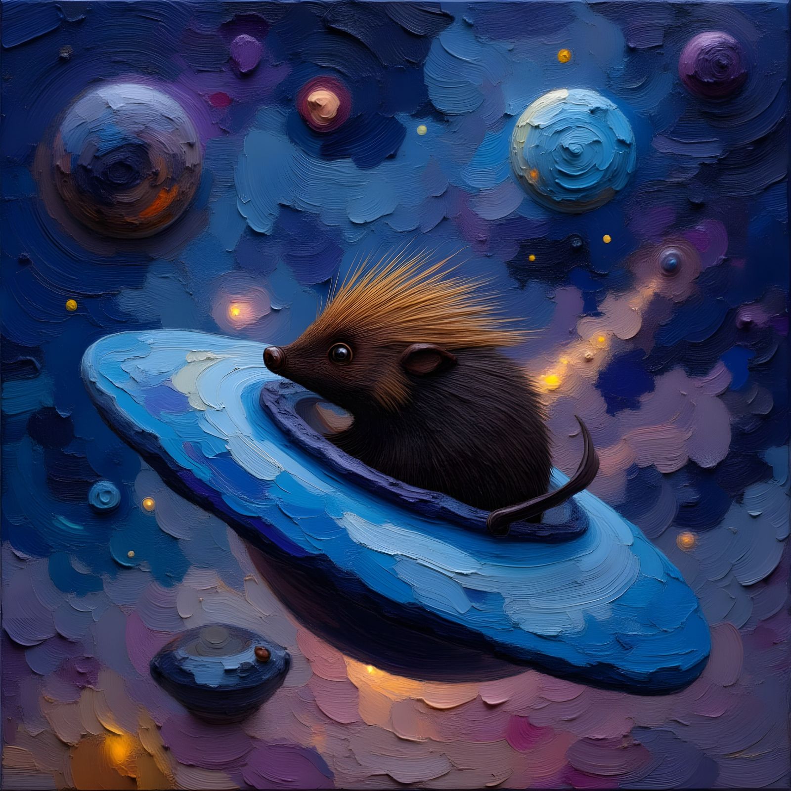 Porcupine Piloting a UFO in Surreal Impasto Style