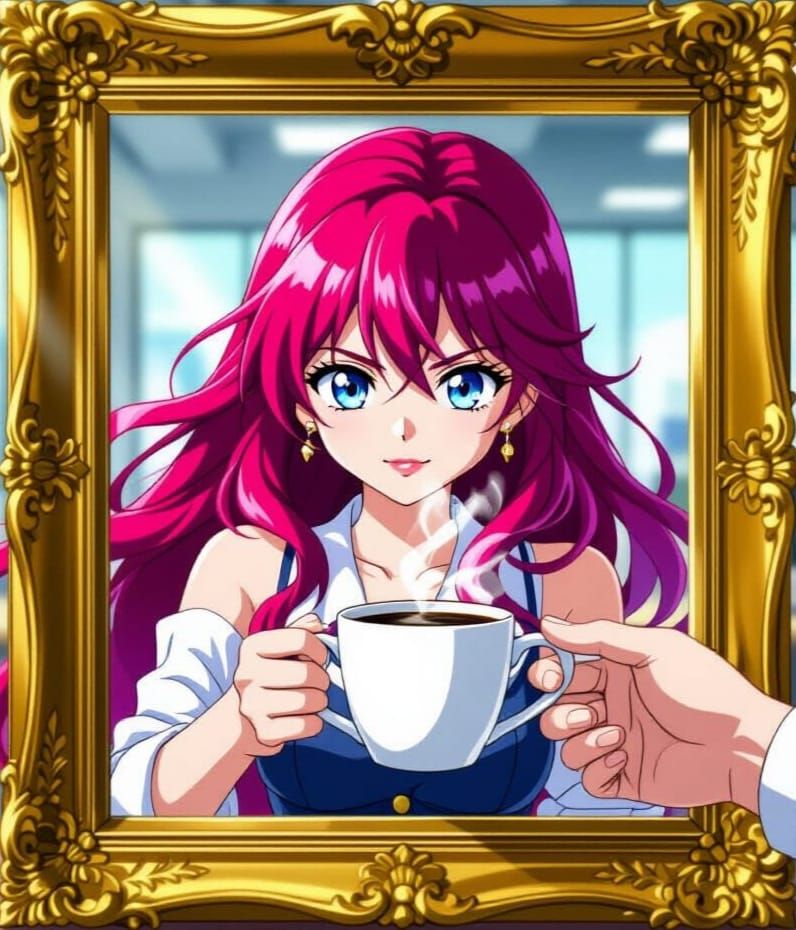 Anime Character Emerges From Portrait With Coffee