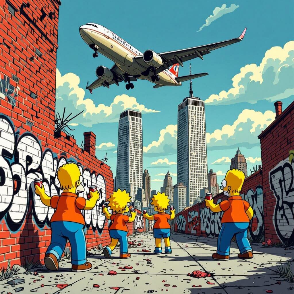 Vintage Photo: Plane Nears Towers, Simpsons Graffiti
