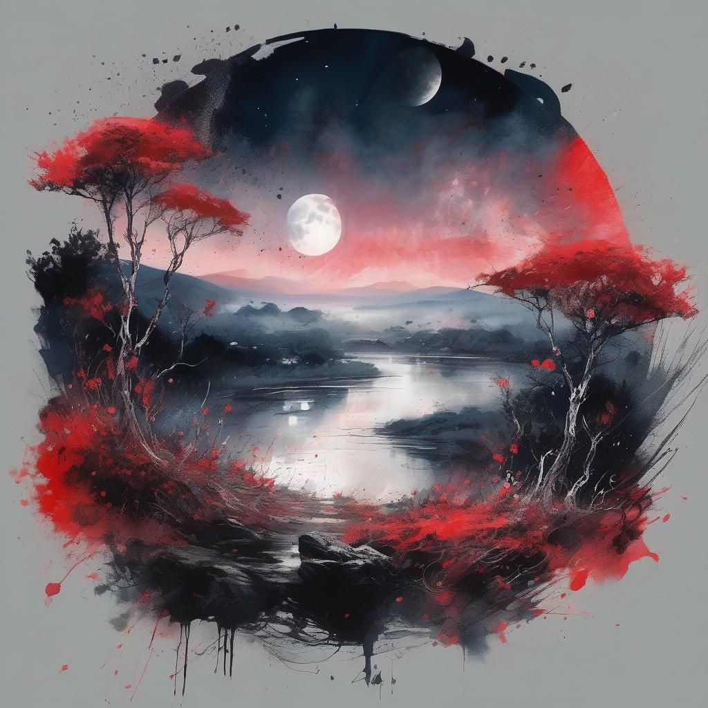 Majestic Moonlit Summer Wonderland in Ink Splatter Art