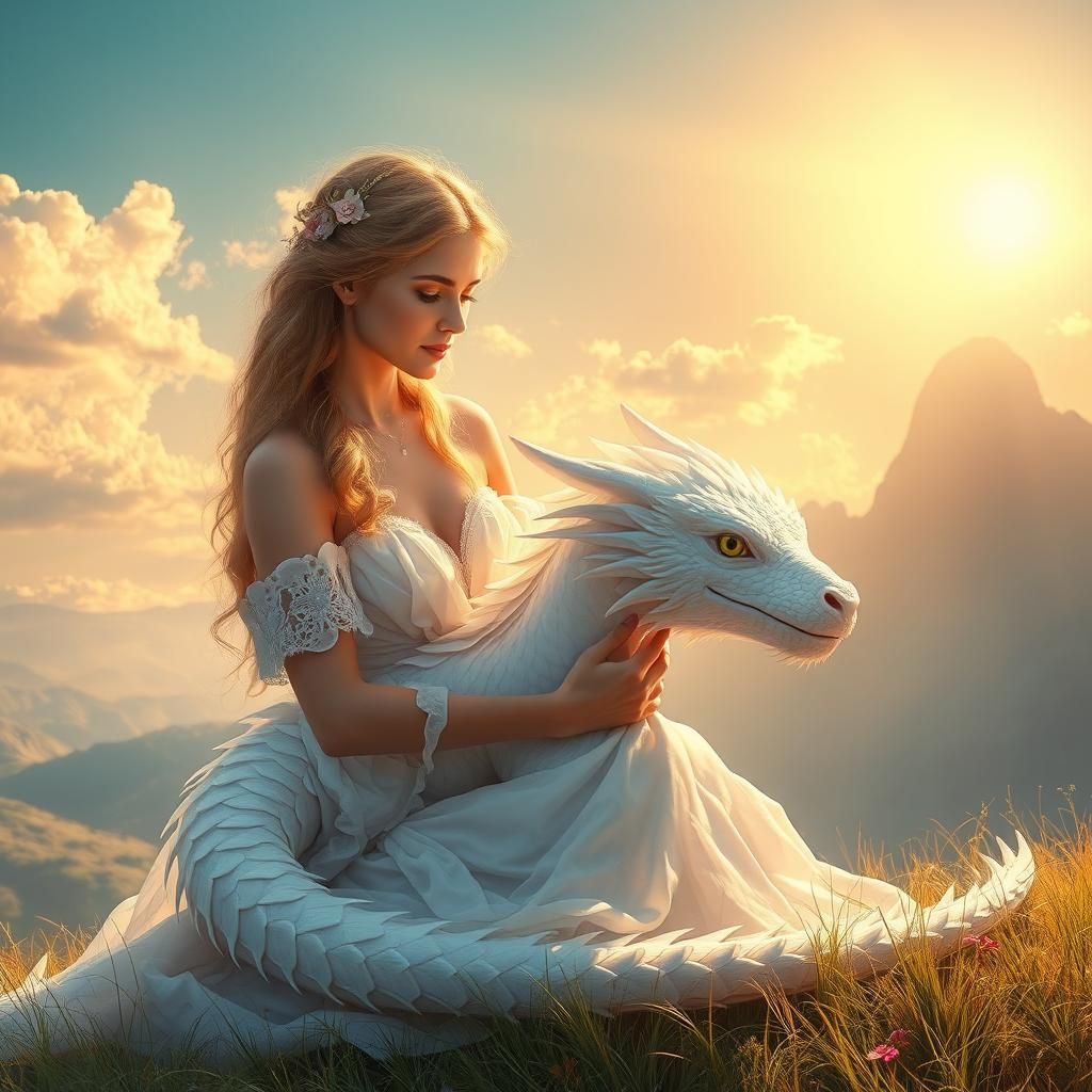 Princess and White Dragon in Ethereal Sunlit Landscape