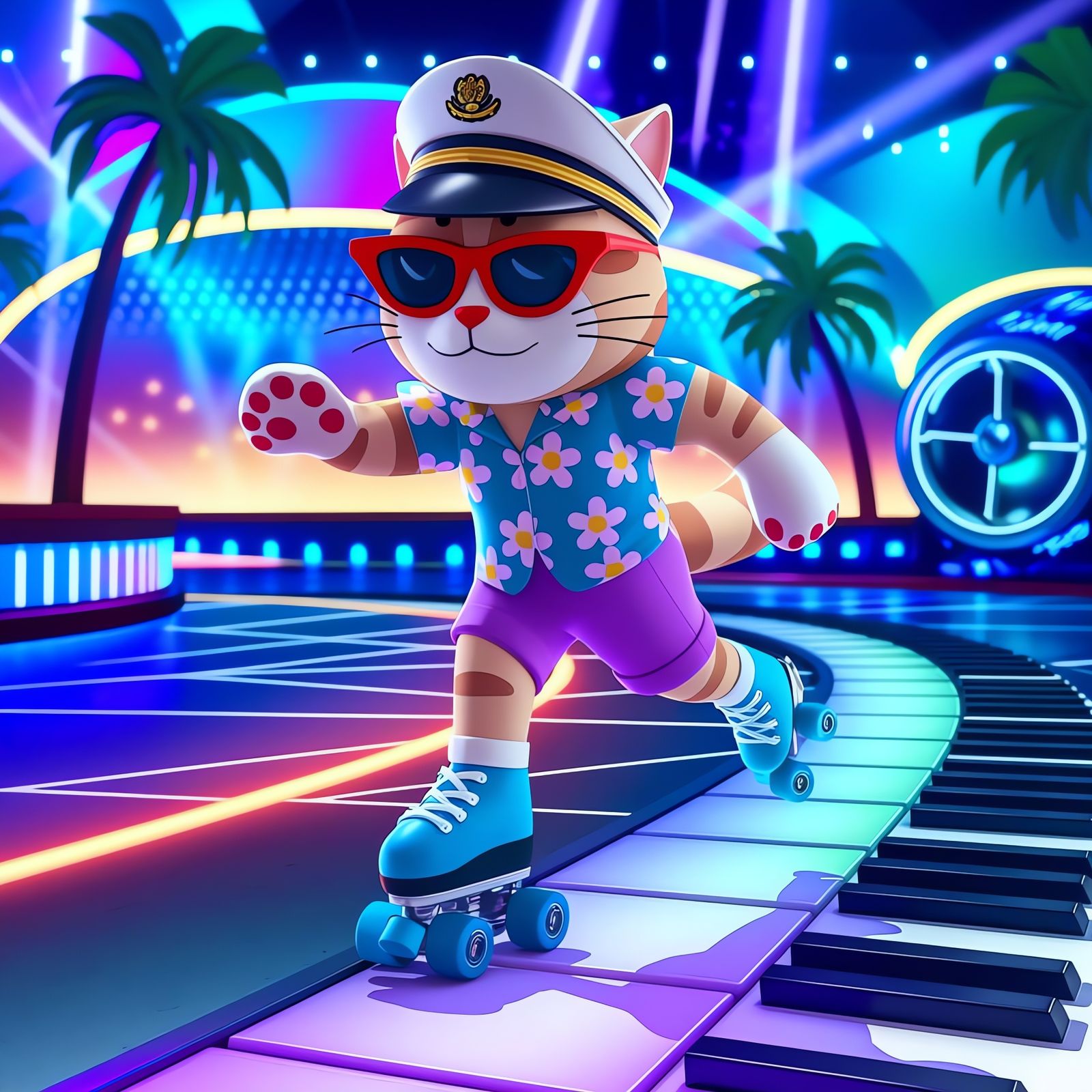 Vibrant Low-Poly Cat Roller Skates on Neon Keys