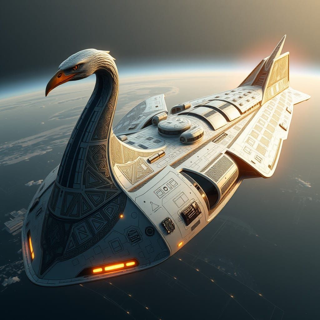 Ancient Futuristic Dystopian Cyberpunk Trireme Spaceship in...