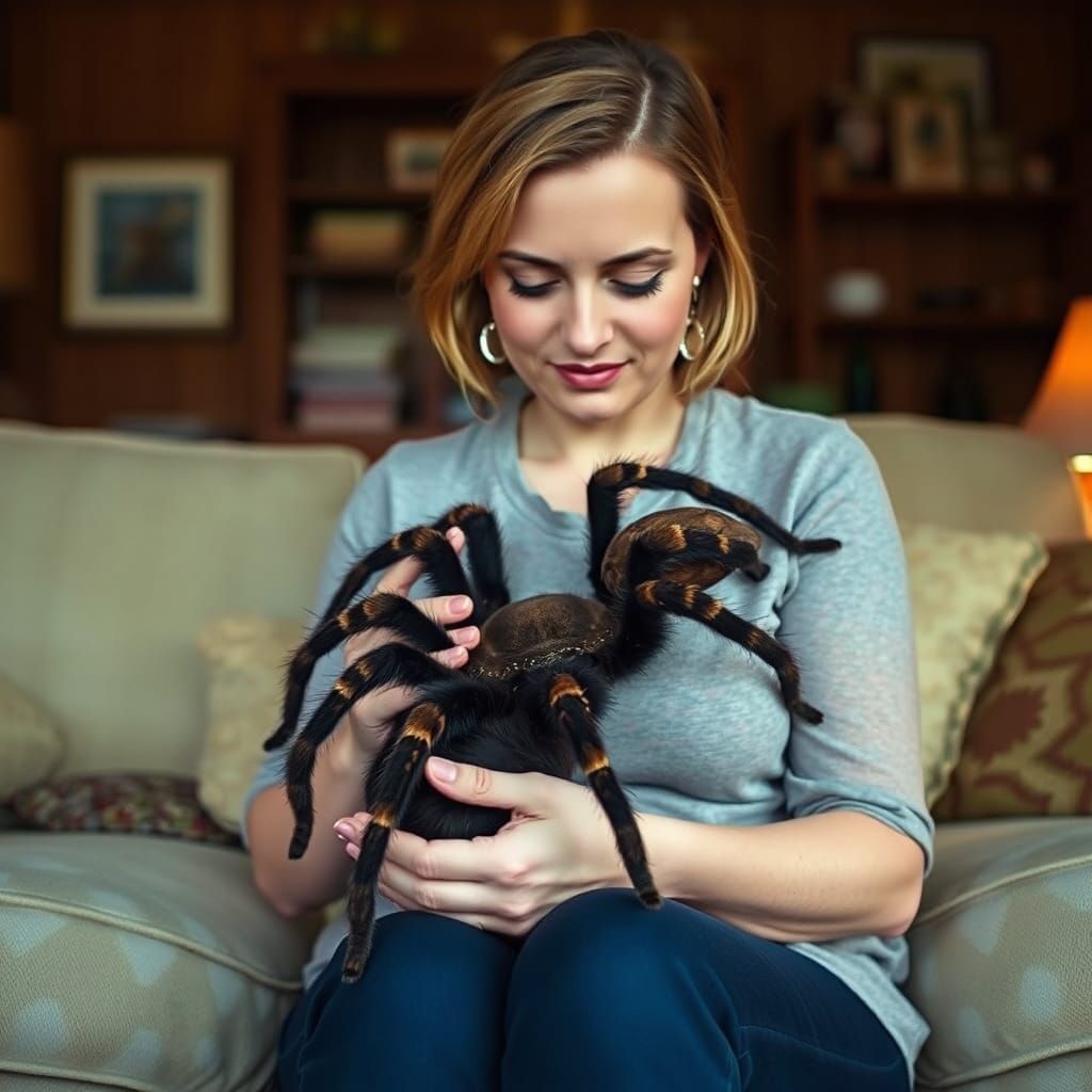 Woman Tenderly Pets Her Tarantula Companion in Cozy Living R...