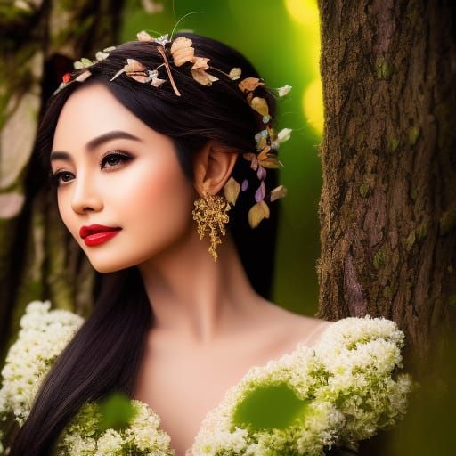 Happy Elf Portrait in Forest with Fairy Lights