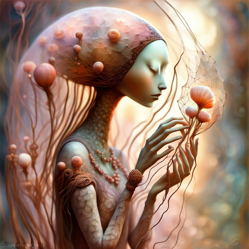 Surrealistic Wool Creature Holds Fragile, Iridescent Flower...