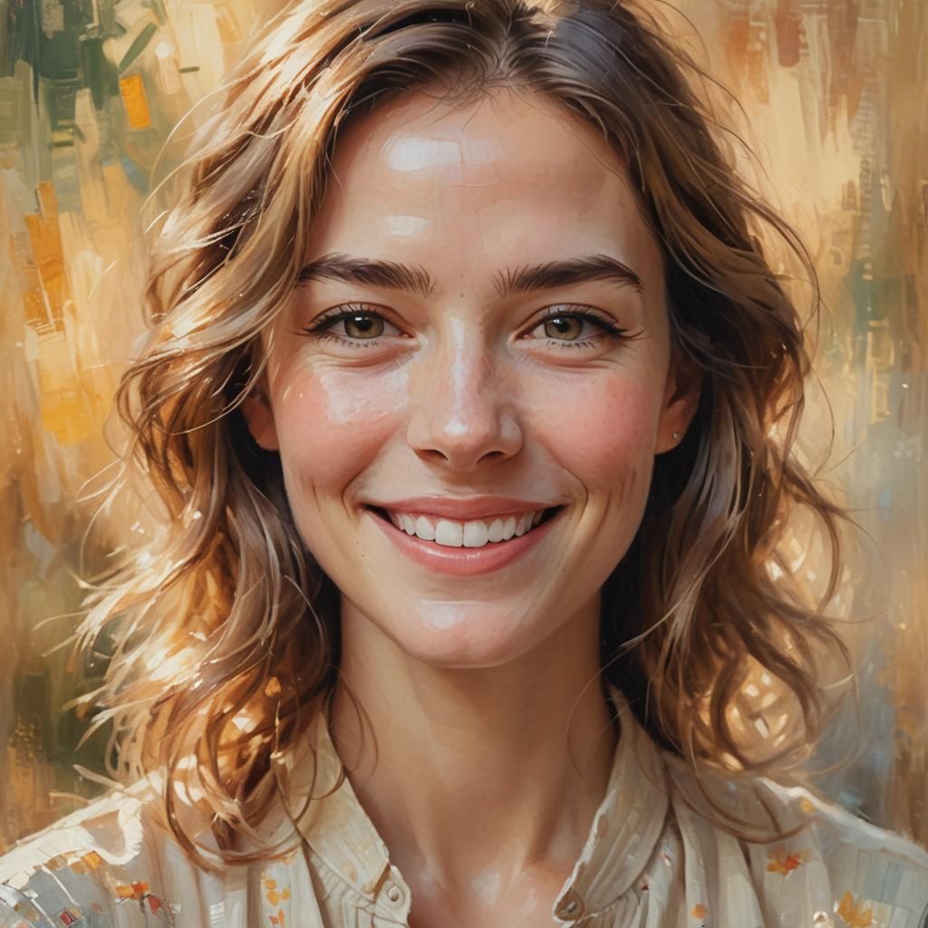 Woman Smiling in Warm, Soft Light: Oil Painting Portrait