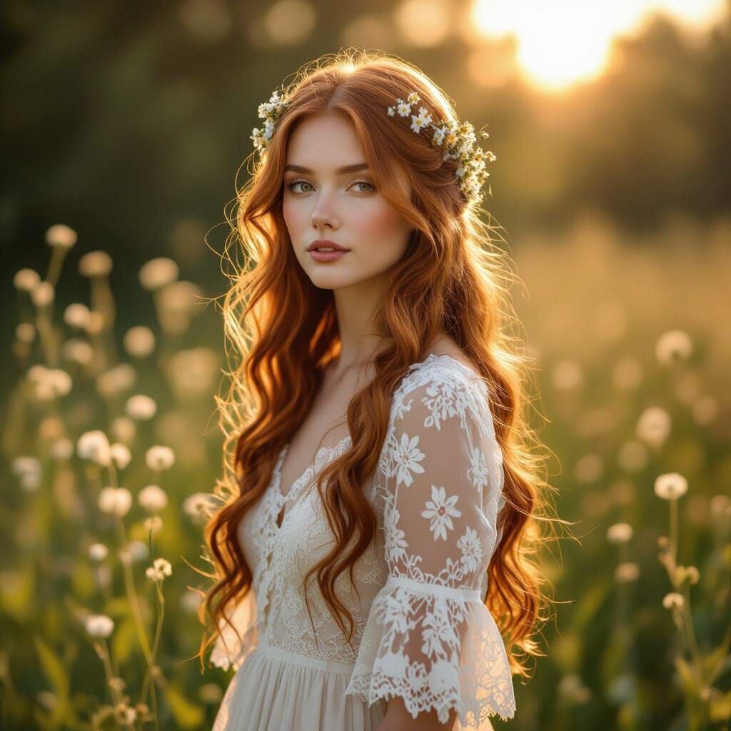 Auburn Haired Woman in Sun-Drenched Meadow