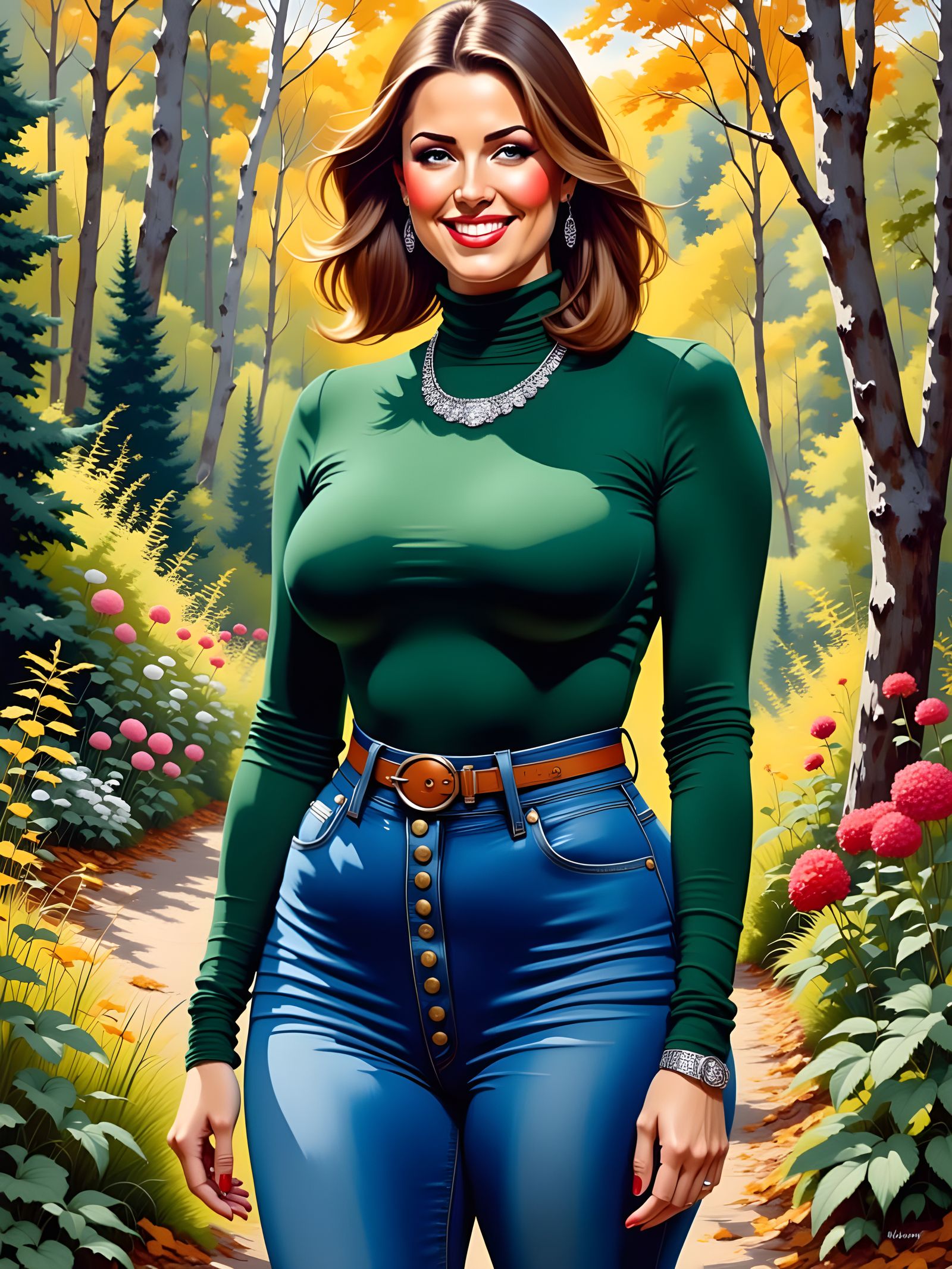 Enticing Woman in Garden: Detailed Oil Painting