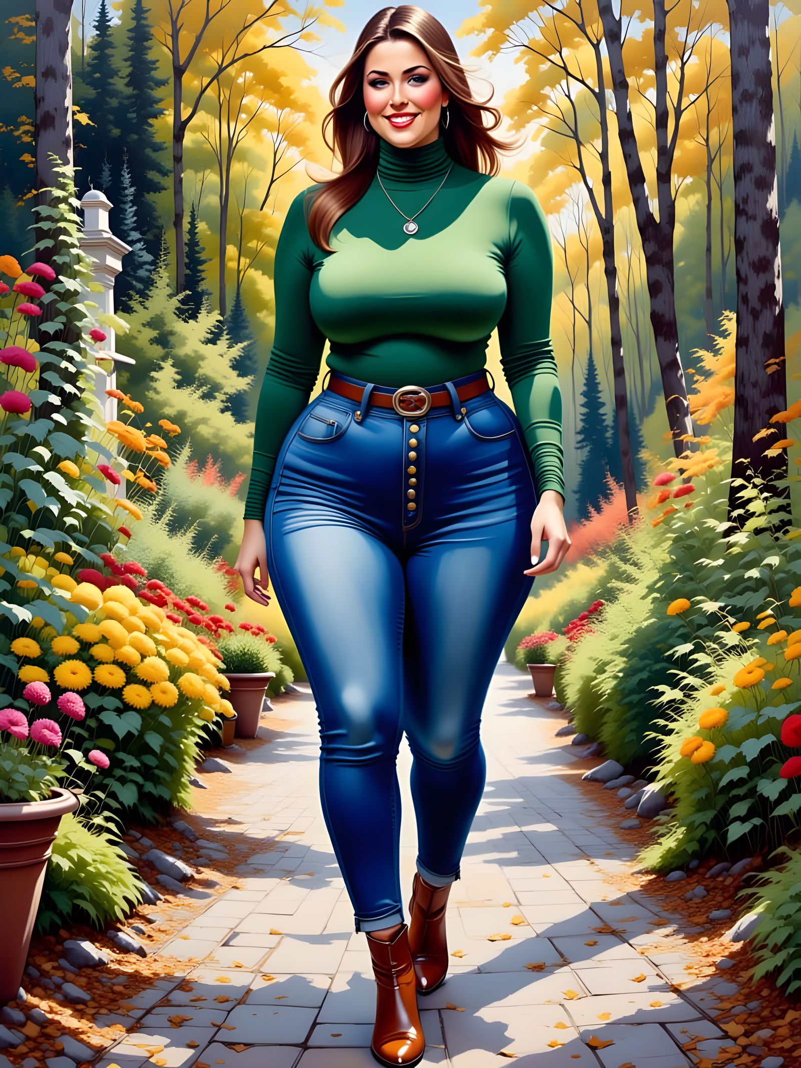 Enticing Woman in Garden: Detailed Oil Painting